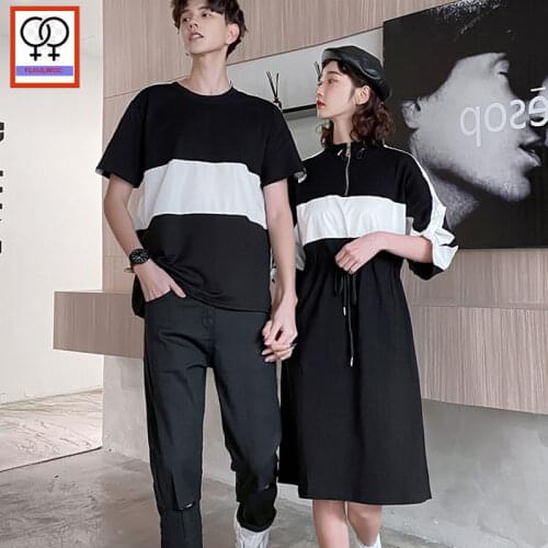 Matching Couple Outfits Clothes Summer Casual Dresses Patchwork Stripe Zipper Female Turtleneck Sweatshirt Hoodie Dress 1545