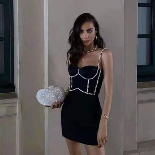 Women Summer Black Sexy Beading Diamonds Spaghetti Strap Mini Bandage Dress Elegant Casual Slim Night Club Party Dress Vestidos