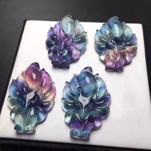Natural Fluorite Crystal Colorful nine tailed fox quartz pendant hand carved gemstones for gift