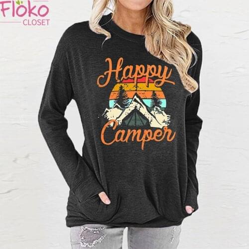 Flokocloset Casual Happy Campen Letter Print Long Sleeve T-Shirt Autumn O-Neck Pocket Women Tops