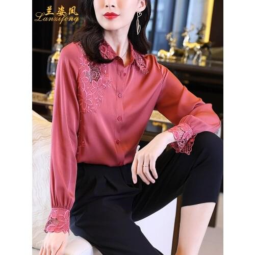 Pink heavy silk shirt women 2021 spring new fashion hollow embroidery long-sleeved thick silk blouse