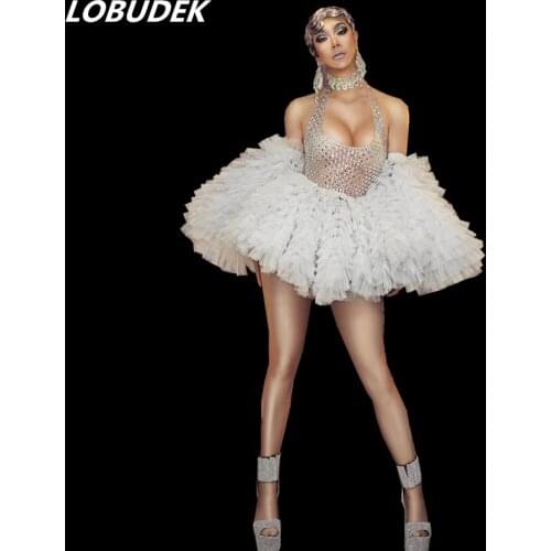 Sexy Backless Halter Silver Rhinestones Mini Dress Women Prom Crystals Dance Costume Nightclub DJ Singer Performance Stage Wear