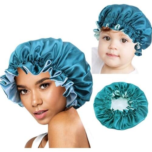 Parent Kids Satin Bonnet Caps Double Layer Sleep Night Cap for Curly Springy Hair Styling Accessories Bathroom Shower Cap