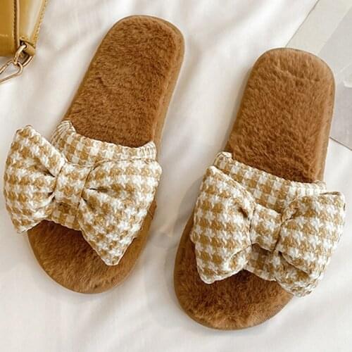 New Faux Fur Slides For Women Soft Home Slippers Winter Bow Plush Slippers House Ladies Slipper Female Girls Indoor Shoes hy629