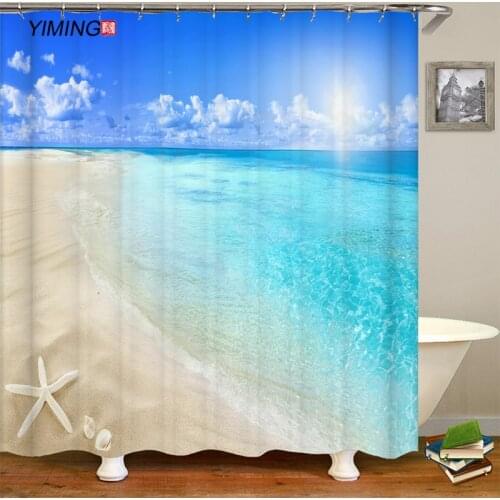 Bathroom Waterproof Shower Curtain 3D Beach Seaside Landscape Printing Home Decor Curtain Polyester Belt Hook Curtain