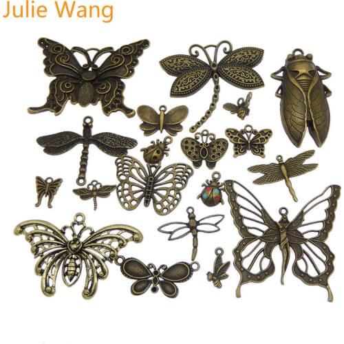 Julie Wang 10PCS Randomly Mix Butterfly Dragonfly Charms Alloy Insect Antique Color Necklace Bracelet Jewelry Making