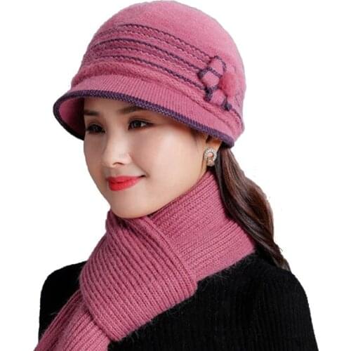 RUHAO Layer Winter Hats for Women Rabbit Fur Hat Warm Knitted Hat and Scarf set Middle Age Large Flower Mom Beanies cap