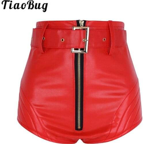 TiaoBug Women Wet Look PU Leather Front Zipper High Waist Booty Hot Shorts Bottoms with Belt Sexy Rave Club Party Dance Shorts
