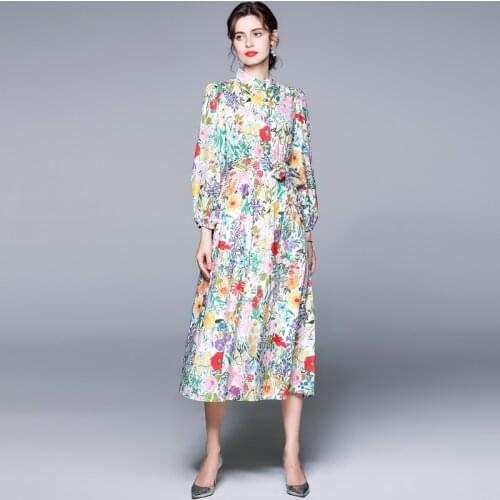 ZUOMAN Women Spring & Autumn Elegant Floral Dress Shirt High Quality Vintage Party Robe Femme Lantern Sleeve Designer Vestidos