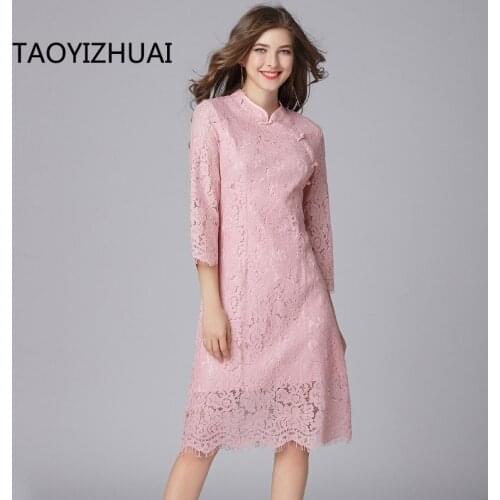 TAOYIZHUAI 2019 New Arrival Spring Button Decoration Three Quarter Plus Size XL Pink Color Vintage Style Women Lace Dress 16093
