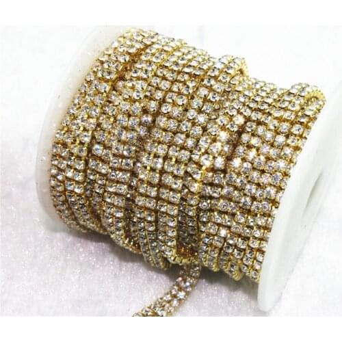 1 Yard 2 Rows 3mm Clear Crystal Rhinestone Gold Plated Close Chain Cake Decoration LZ09