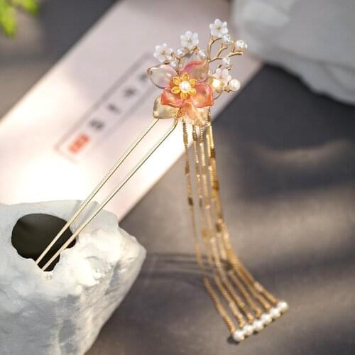 Antiquity Pearl Hair Stick Imitation Jade Flower Hairpin Tassel Step Shake Headdress Hanfu Handwork Hair Accessories MA