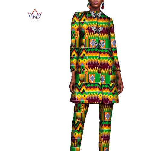 Bintarealwax African Women Pant Sets Dashiki Elegant Set for Women Pants & Long Jacket Plus Size 7XL African Clothes WY8735