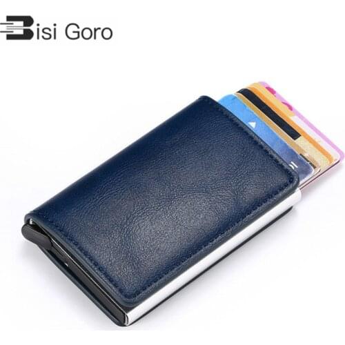 BISI GORO 2020 Vintage Unisex Credit Card Holder RFID Aluminium Business Card Holder Crazy Horse PU Leather Travel Card Wallet