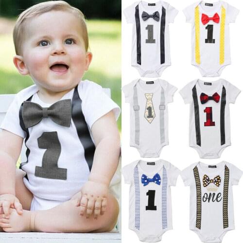 Bodysuit Baby Boy Clothes My First 1st Birthday Party Gentleman Bow Bodysuit Jumpsuit Short Sleeve Outfits 2020 Summer 0-1Years
