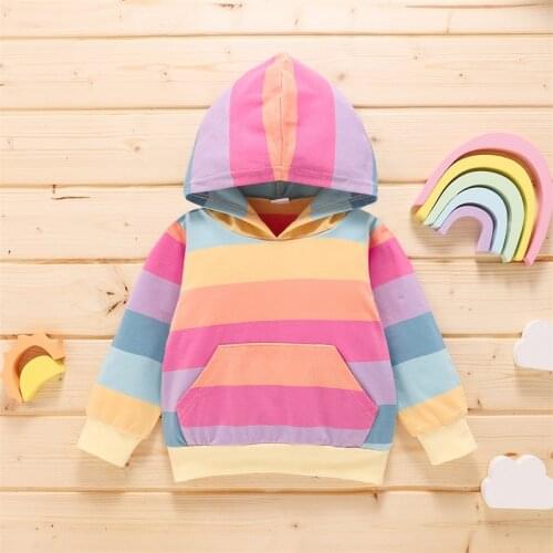 Autumn Spring Kids Hoodies Children Girl Boy Rainbow Stripe Hooded Long Sleeve Sweatshirt