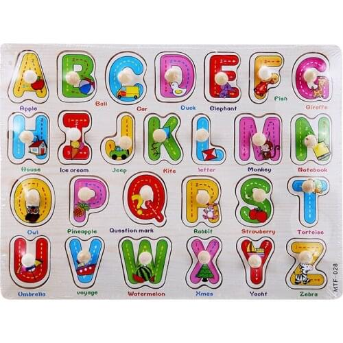 Childrens Baby Hand Grasp Wooden Alphabets Numbers Jigsaw Puzzle Board Kids Learning Early Educational Toys