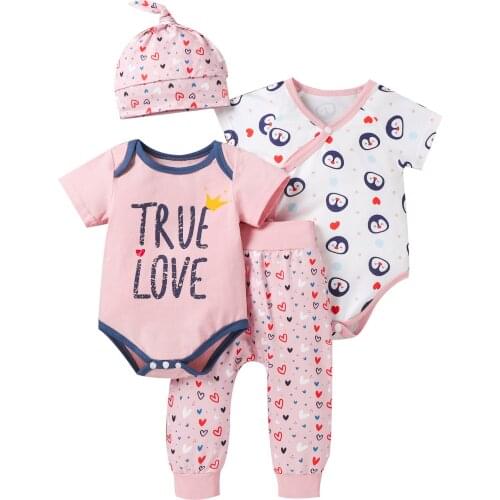 Infant Baby Girls 4Pcs Fall Outfits Short Sleeve Rompers + Pants + Top Knot Hat Set Summer Clothes Sets