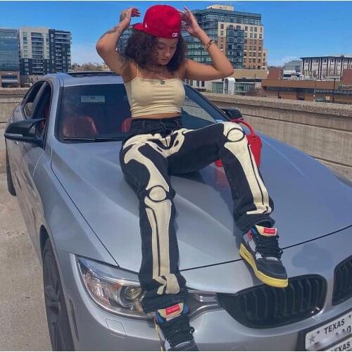 Skeleton Patterned Print Fashion Low Rise Jeans Streetwear Women Black Denim Embroider Trousers Cyber Y2k Goth Pants Fall 2021
