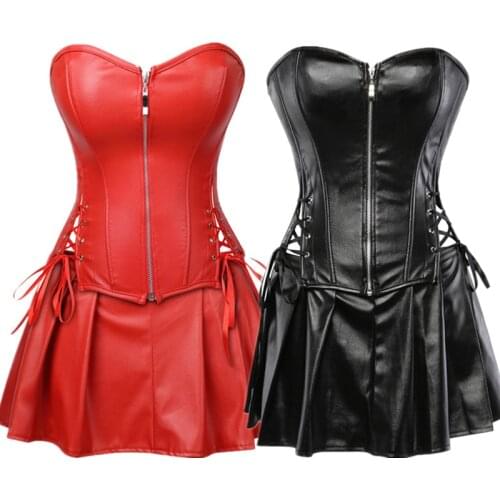Gothic Front Zipper Faux Leather Corset Dress Overbust Basque Bustier Mini Skirt Sexy Steampunk Corset Dress Plus Size S-6XL