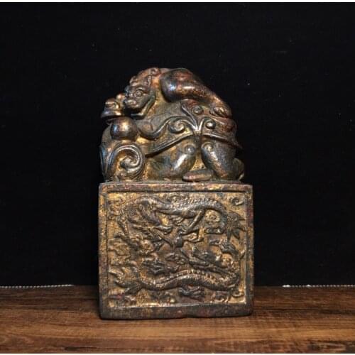 Chinese temple collection Old Bronze Lacquer Cinnabar Dragon statue seal Kowloon Imperial jade seal Office Ornaments Town House