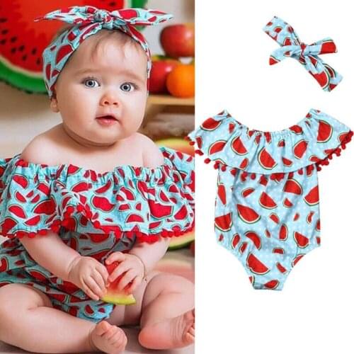 Lioraitiin Newborn Infant Kids Baby Girl Flower Watermelon Print Sleeveless Summer Romper Headband Jumpsuit Playsuit Clothes Set