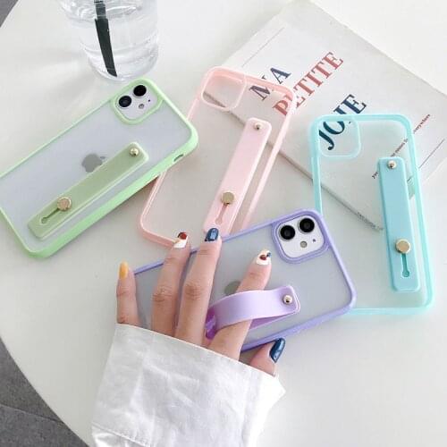 Candy Color Wrist Strap Bumper Soft Phone Case For iPhone 11 Pro Max XR XS Max X 7 8 Plus SE 2020 Transparent Acrylic Back Cover