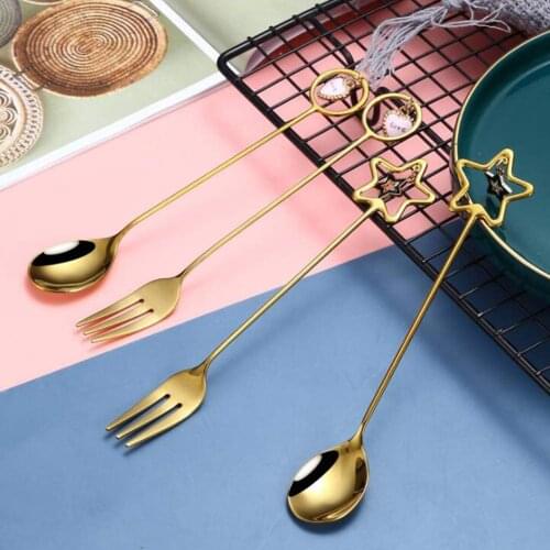 Stainless Steel Dessert Spoon Set Creative Stainless Steel Star Heart Pendant Spoon Fork Coffee Stirring Dessert Spoon Golden