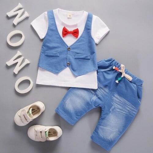 New Summer 0-4 Years Kids Denim Clothes Baby Girls Boys Children Casual Vest Fake Toddler Party Wedding Bow Clothing Sets