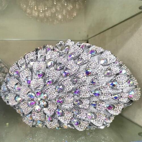 2021 New Arrival Silver Metal AB Rhinestone Purse High Quality Women Crystal Messenger Bag Big Gemstone Ladies Phone Case Bag