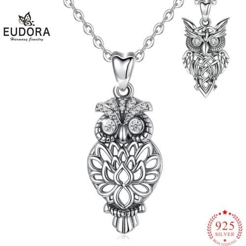 Owl Necklace EUDORA 925 Sterling Silver exquisite Owl Pendant Necklaces for Women Clear Cubic Zircon Collar Fashion Jewelry D434