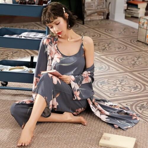 2021 Cotton Silk Pajamas Women Spring and Autumn Thin Sexy Sling Nightgown Three-piece Long-sleeved Casual Home Wear