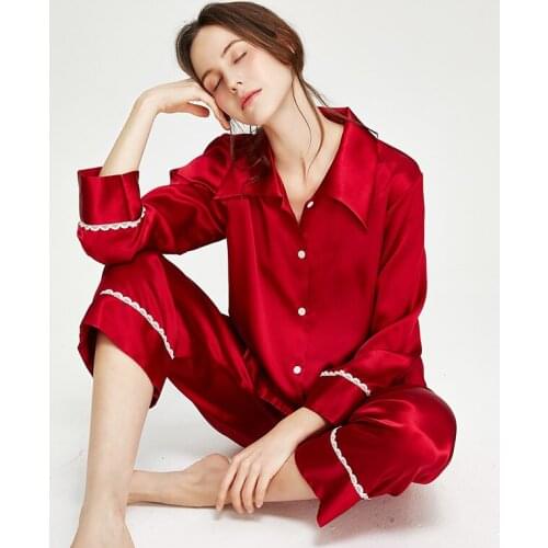 Gift 19MM Women Silk Sleepwear Suit Set Long-sleeved Two-piece Set Fashion Lady 100% Mulberry Silk Pajamas
