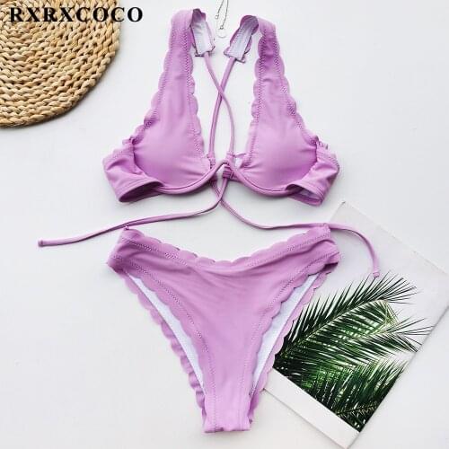 RXRXCOCO Swimwear Women Monokini Swimsuit Sexy Bikini Set Swimming Bathing Suit Push Up Brazilian High Cut Scalloped Bikini 2020