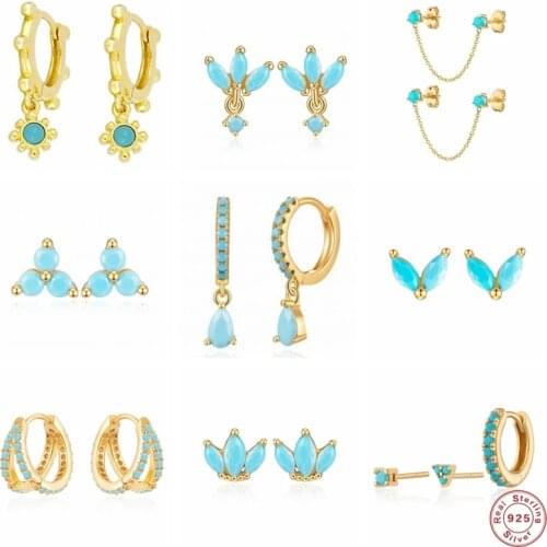 Aide 925 Sterling Silver Turquoise Series Stud Earrings For Women Bohemian Blue CZ Crystal Charm Pendant Ear Studs Party Jewelry