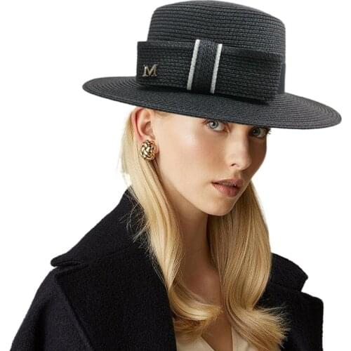 Elegant Women Wide Brim Floppy Straw Hat M Letter Summer Holiday Boater Sun Beach Hat Flat Top Panama Hats