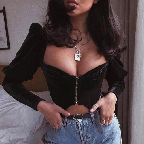 Sexy Deep V-neck Black Flannel Crop top Women Elegant Bubble Sleeve Skinny Bodycon Bandage Tees Tank Top Corset Clubwear