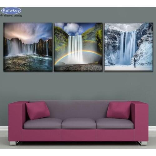 Triptych diy 5d diamond painting Waterfall landscape full square round diamond mosaic crafts embroidery rhinestones decoration