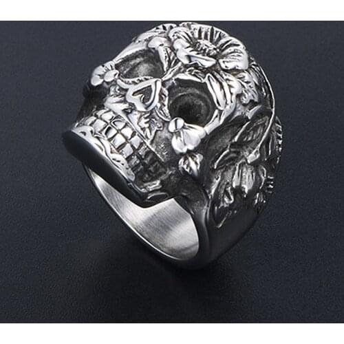 Vintage Flower Skull Ring 316L Stainless Steel Punk Skull Rings for Men And Women Goth Punk Demon Skull Biker Ring Wholesale