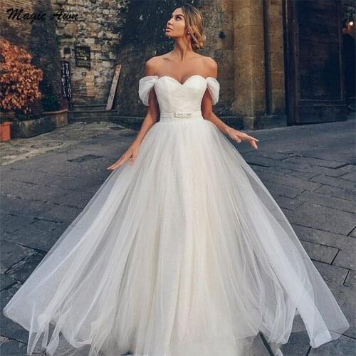 Magic Awn Modest Princess Wedding Dresses Off The Shoulder Shiny Simple Boho A-Line Mariage Gowns Beach Glitter Robe De Mariee