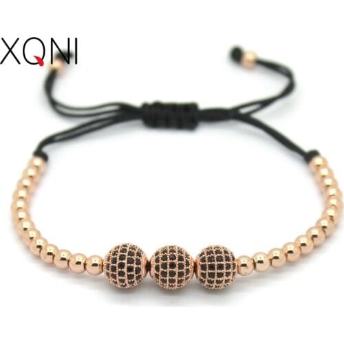 Famous Brand Women Bracelets,8mm Pave Setting Black CZ Beads & Rose Gold 4mm Round Beads & Braiding Bracelet For Women