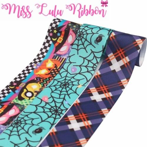16mm-75mm Halloween Series Web Pumpkin Geometric Check Printed Grosgrain/Foe Ribbon DIY Hair Bowknots Gift Pack 50yards/roll