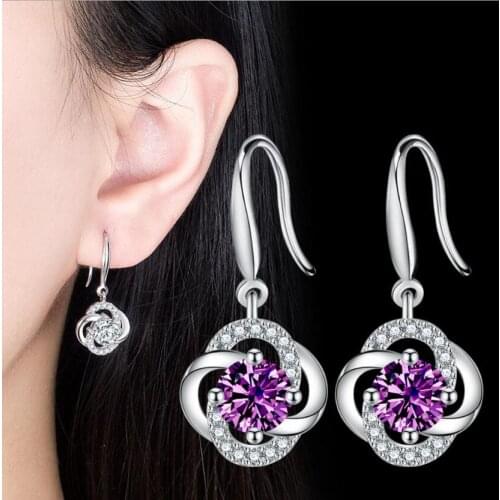 925 Sterling Silver New Womens Fine Jewelry Purple Crystal Zirconia Flower Four-leaf Clover Long Tassel Earrings
