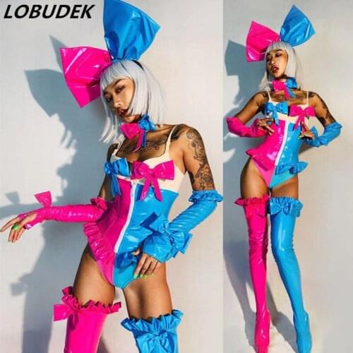 Bar Club Party Women DJ Dance Team Costume Pink Blue Splicing Bodysuit Bow Headdress Leggings Sexy Dance Outfits Show Stage Wear