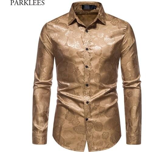 Shiny Gold Rose Print Mens Dress Shirts 2021 Brand New Sim Fit Long Sleeve Shirt Men Party Wedding Casual Prom Chemise Homme 2XL