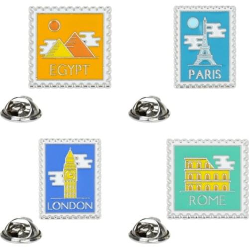 HOSENG 4Pcs Eiffel Tower Rome Egypt Pyramid Brooch Photo Frame Alloy Enamel Jewelry Pin Elegant Lapel Collar Badge HS_286