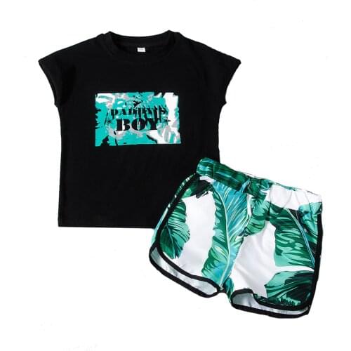 2Pcs Children Little Boys Outfit Fashion Summer Toddlers Round Collar Sleeveless Letter Top + Banana Leaf Printing Shorts Set
