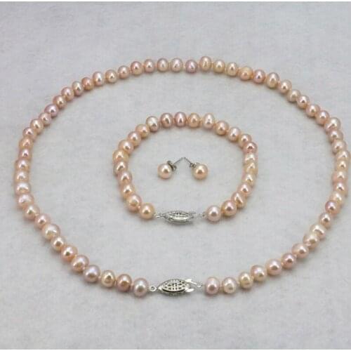 Hot Pink pearl necklace set 6-7mm Fish clasp necklace 18" bracelet 7.5" earrings women suitable gathering place