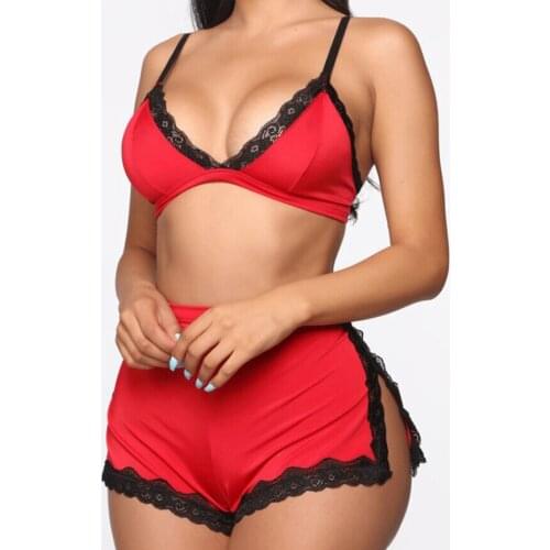 Women Sexy Lace Deep V-neck Lingerie Lace Bra Crop Tops High Waist Split Shorts Set Women Nightwear Sleepwear