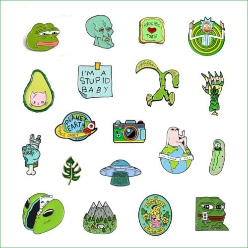 Cartoon Green enamel brooch animal frog cat alloy badge mountain peak leaves earth skeleton camera pin Fashion Clothes jewelry